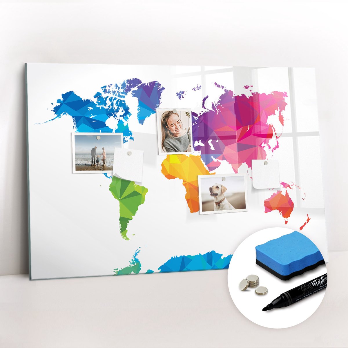 Tulup Whitebord - Abstracte wereldkaart - 90 x 60 cm - Veelkleurig Magnetisch Bord - Gratis 5 Sterke Magneten + Whiteboard Marker & Wisser - Interieur Accessoires Kantoor - Memo Magneetbord - Inspiratiebord Kantoor