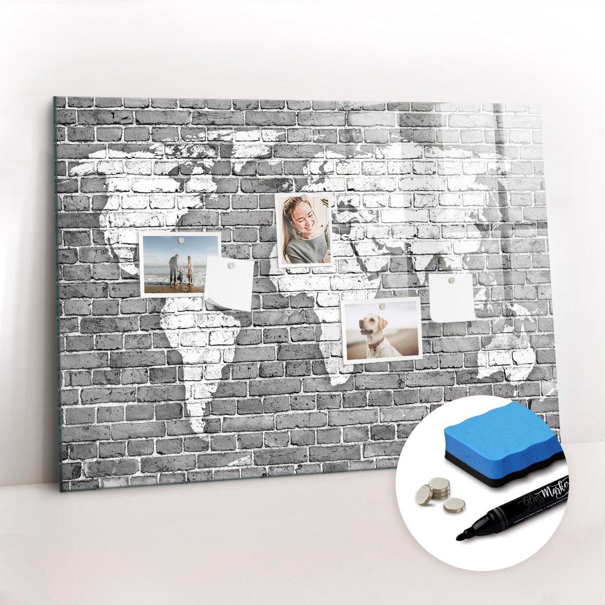Tulup Whitebord - Wereldkaart op bakstenen - 100 x 70 cm - Zwart-wit Memobord Glas - Inclusief Gratis Magneten & Marker & Spons - Industrieel Wandbord - Magneetbord Foto - Productiviteit Tools