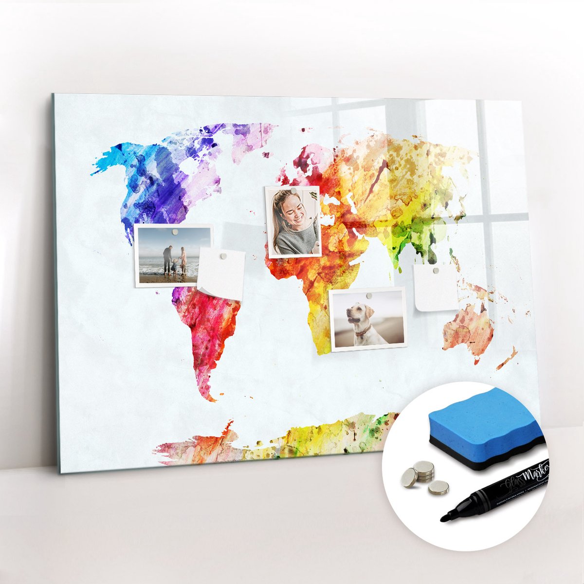Tulup Whitebord - Wereldkaart in aquarel - 100 x 70 cm - Veelkleurig Memo Magneetbord - Gratis 5 Sterke Magneten + Whiteboard Marker & Wisser - Stylish Memo Board - Magnetisch Bord - Planning Muur