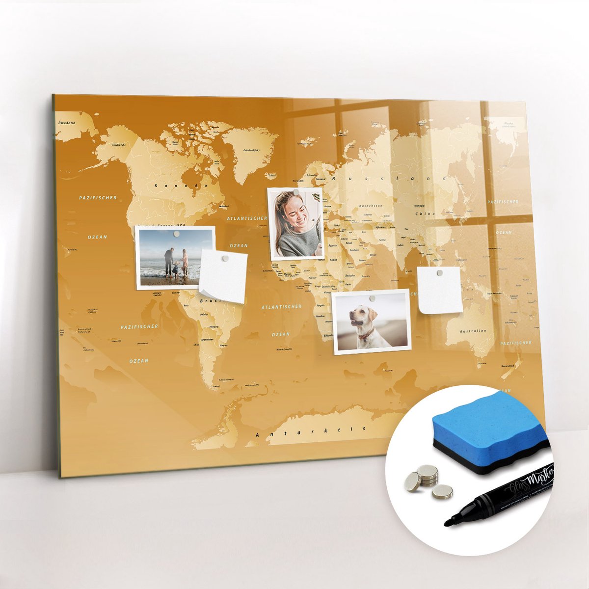 Tulup Whitebord - Klassieke wereldkaart - 100 x 70 cm - Geel Decoratieve magneetborden met print - Gratis 5 Sterke Magneten + Whiteboard Marker & Wisser - Scandinavisch Design Bord - Memobord Keuken - Organiseer Je Bureau