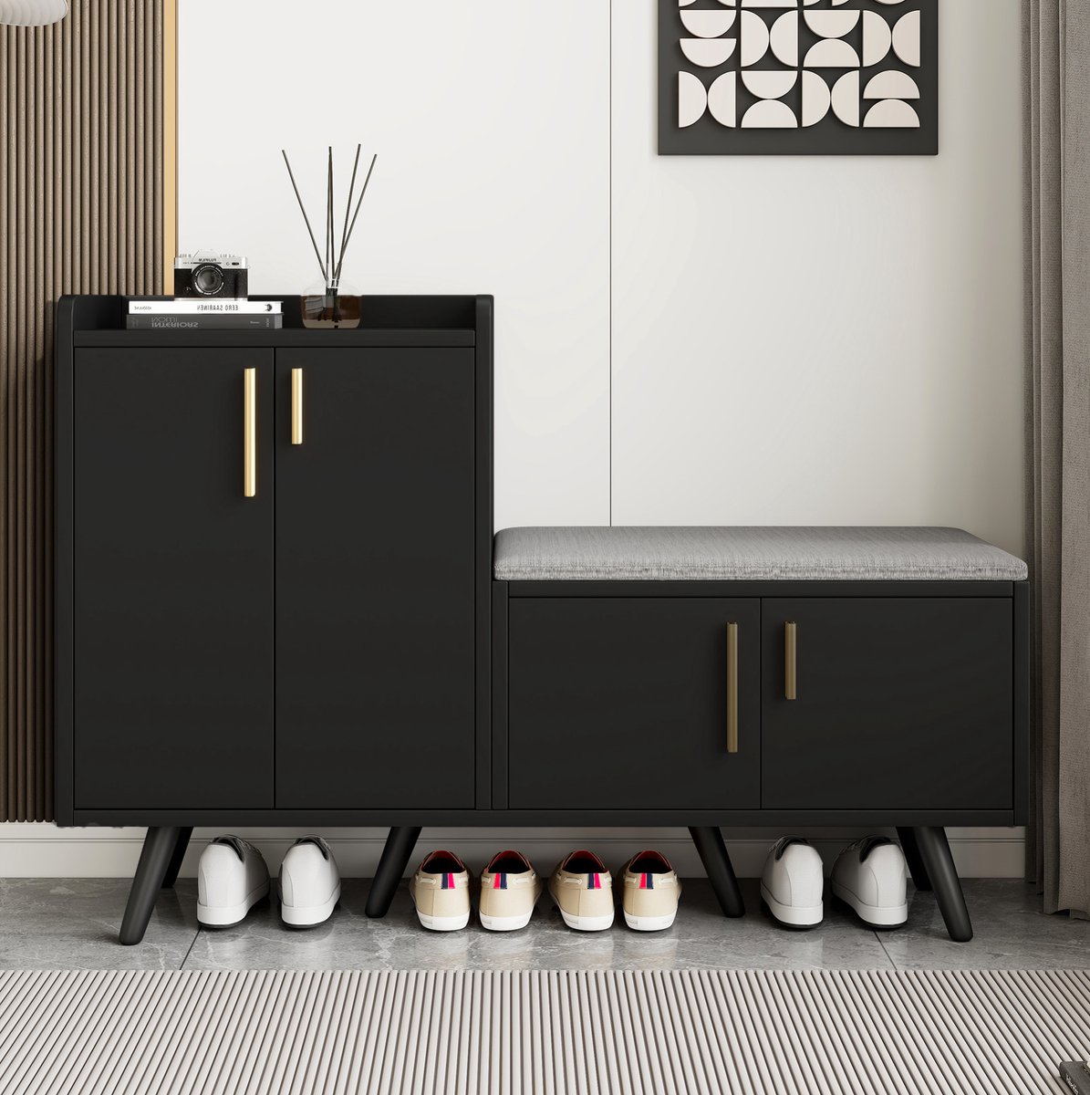 HAUSS SPOLE Schoenenkast - Schoenenbank Met Zitkussen En 4 Deuren - Voor Hal En Entree - Spaanplaat En Metaal - 120x34x82 Cm - Zwart Donker Walnoot