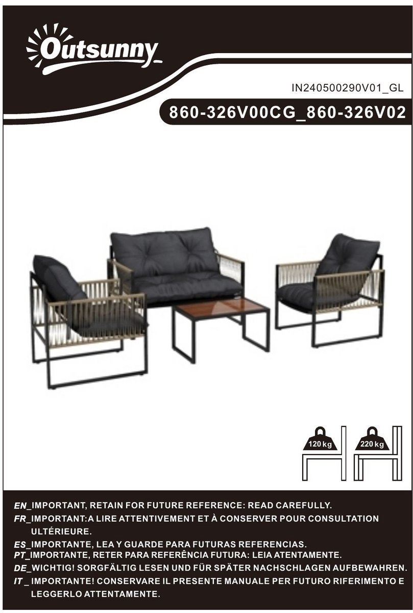 YYchan loungeset voor buiten - 2 personen - met kussens - grijs - 106 x 70 x 72 cm