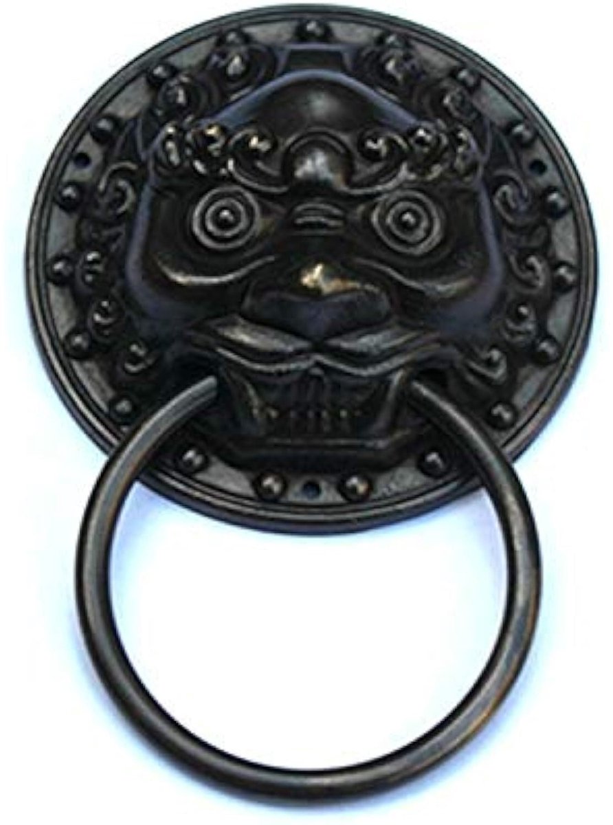 Deurklopper deurkloppers antieke deurklopper Dia 9,8 cm antiek puur koper leeuwenkop deurgreep lade deur pull ring poort kastdeur (zwart, 1 stuks)