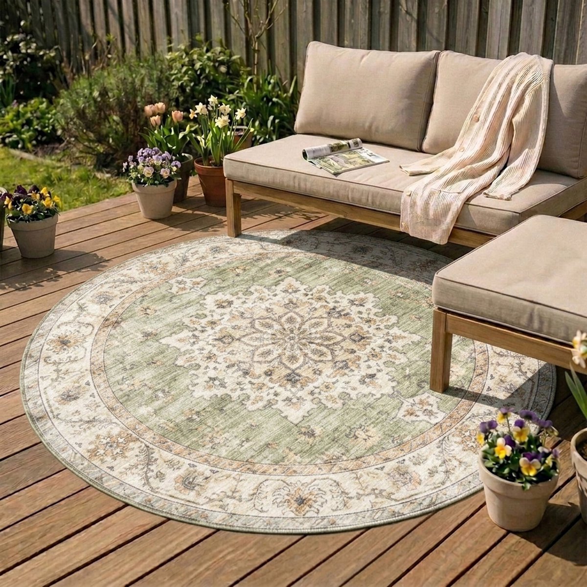 Fraai Rond vintage buitenkleed - Santo Medaillon Groen - Ø 120cm