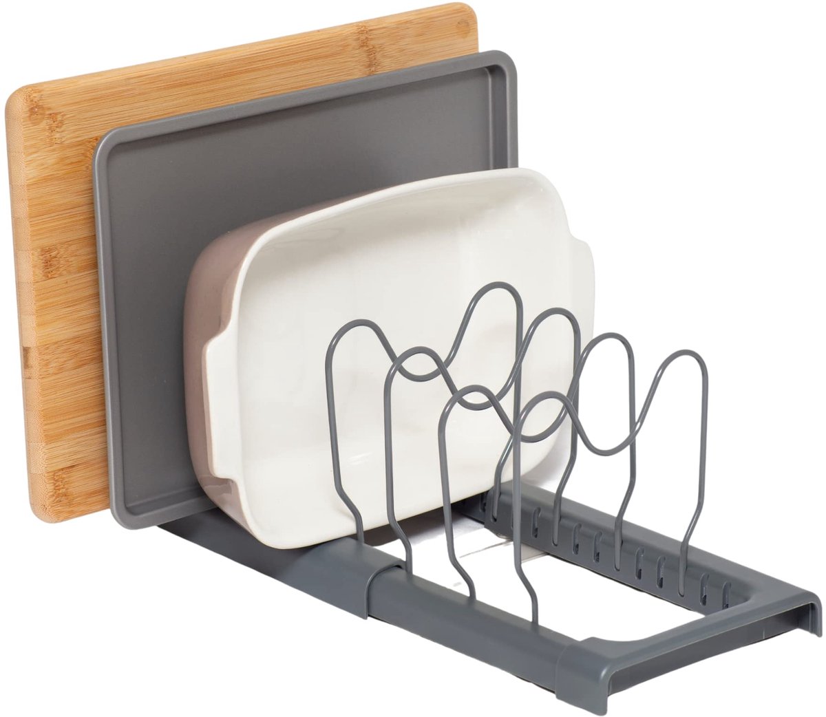 simplywire – Uitklapbaar rek voor bakplaten, snijplanken en pannendeksels - Organizer voor keukenkastjes – Grijs Kunststof Gecoat Staal | Snijplank Opslag - Keuken Kast Organizer