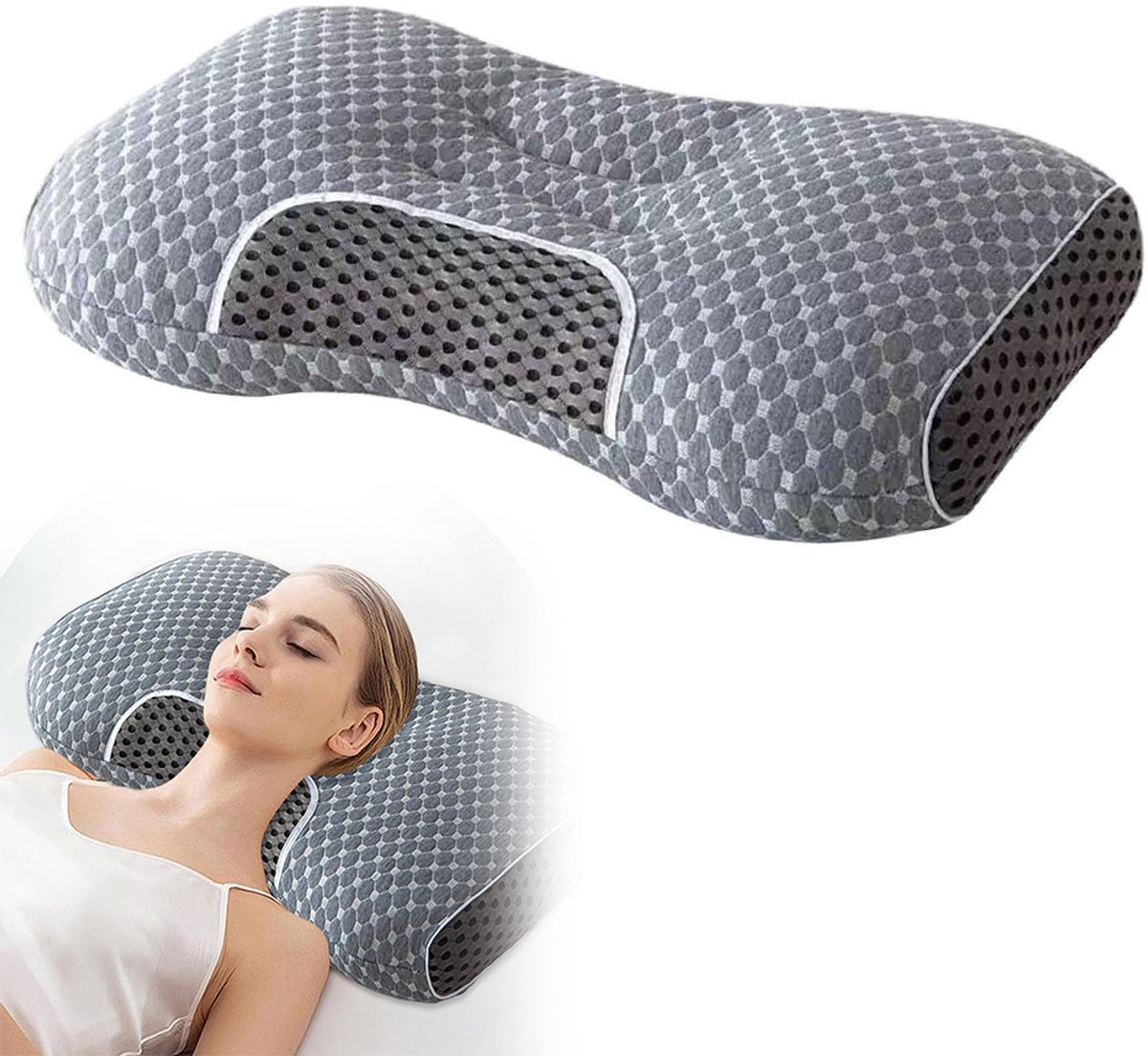 Orthopedische hoofdsteun - Hoogwaardige hoofdsteun van traagschuim - Ergonomisch ontwerp - Nekondersteuningskussen - Slaapkussen - Vormvaste kern - Verlicht nek- en rugpijn - 40,5*67*9 cm - 900 g - Grijs