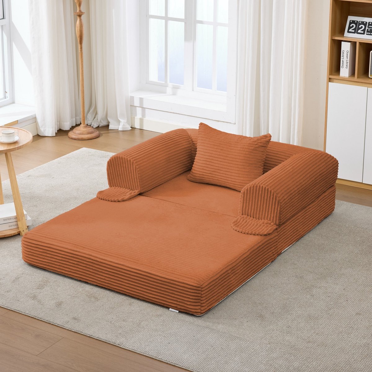 MIVRAY Fauteuil 120 x 85 x 65 cm - 2-in-1 Slaapfauteuil Handmatig Uitklapbaar Met Kussen - Voor Woonkamer En Logeerkamer - Stof Oranje