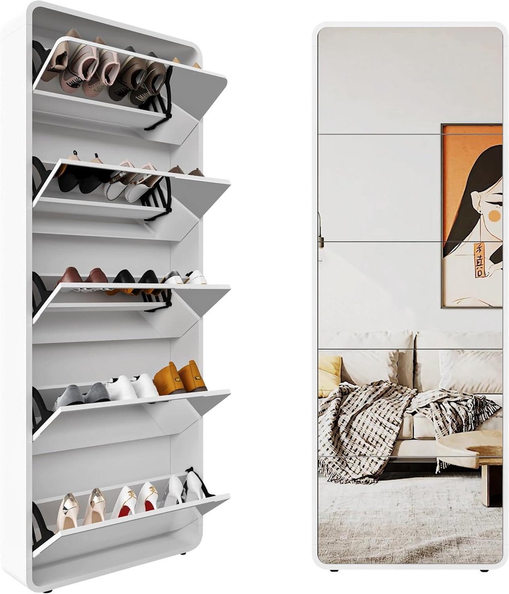Schoenenkast met Spiegel - Schoenenopberger Garderobe - Entree Ordenen - Boogdesign Volledige Spiegel - 63x19.6x176.2cm - Wit