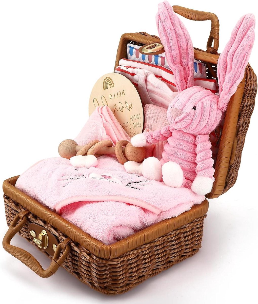 Baby Luiertaart Cadeauset - Newborn Set Geboortecadeau - Baby Verwennen - 9-delige Roze Konijn - 24 cm - Roze