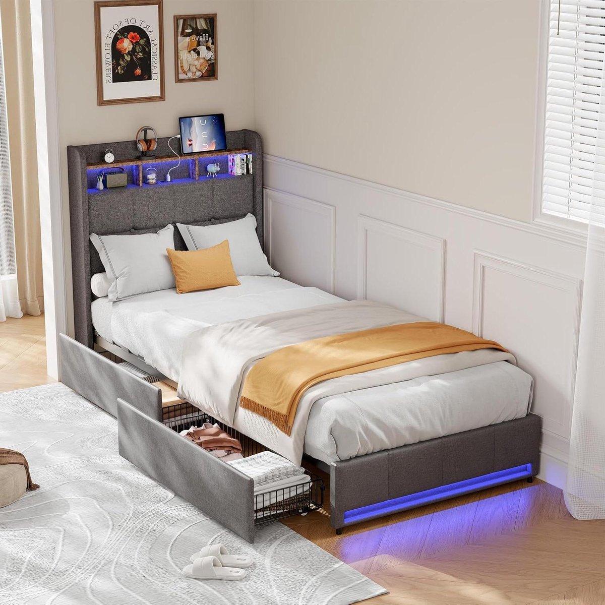 Gestoffeerd kinderbed - Jeugdbed tienerbed - Opbergen en slapen - Met ledverlichting en USB - 90x200 cm - Grijs