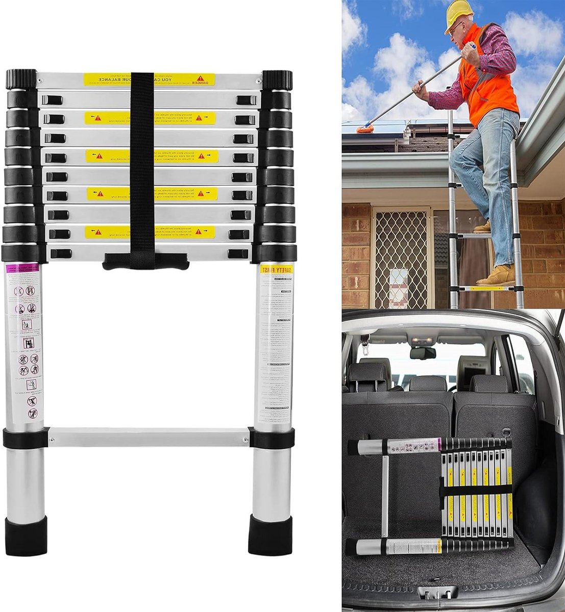 Telescopische Ladder - Uitschuifbare Ladder Vouwladder - Klusklussen en Onderhoud - Lichtgewicht Aluminium Constructie - 320 cm - Zilver