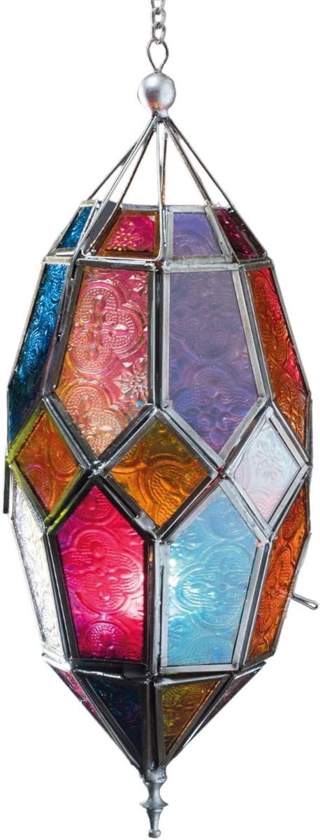 Hangende Glas Lantaarn - Marokkaanse Lantaarn - Sfeerverlichting Buiten - Handgemaakt Glaswerk - 13x13x28 cm - Multicolor