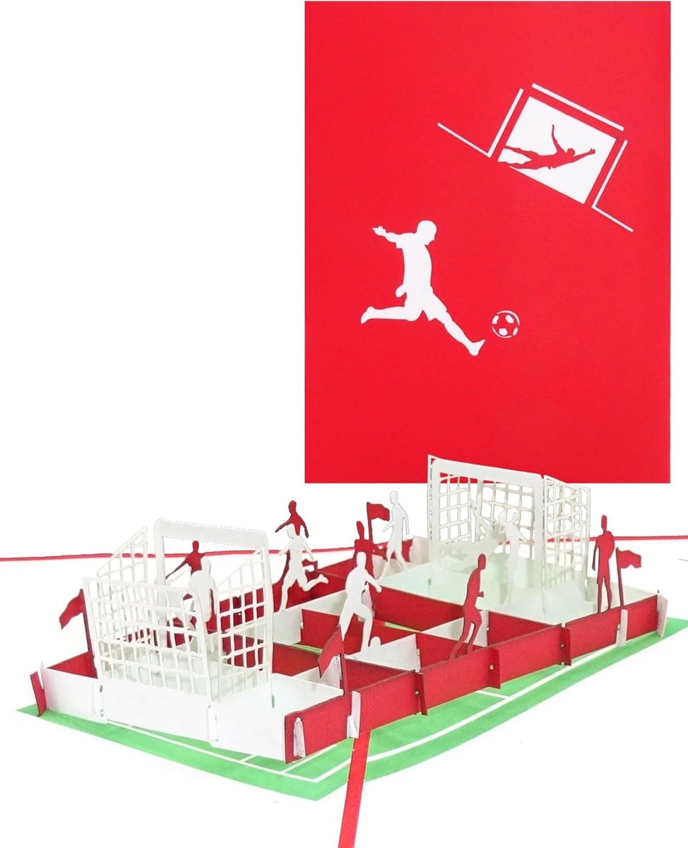 Voetbal Pop-up Kaart - 3D Wenskaart Voetbalfan - Verjaardag Vieren - Handgemaakt Papierkunst - 15 x 20 cm - Rood Wit
