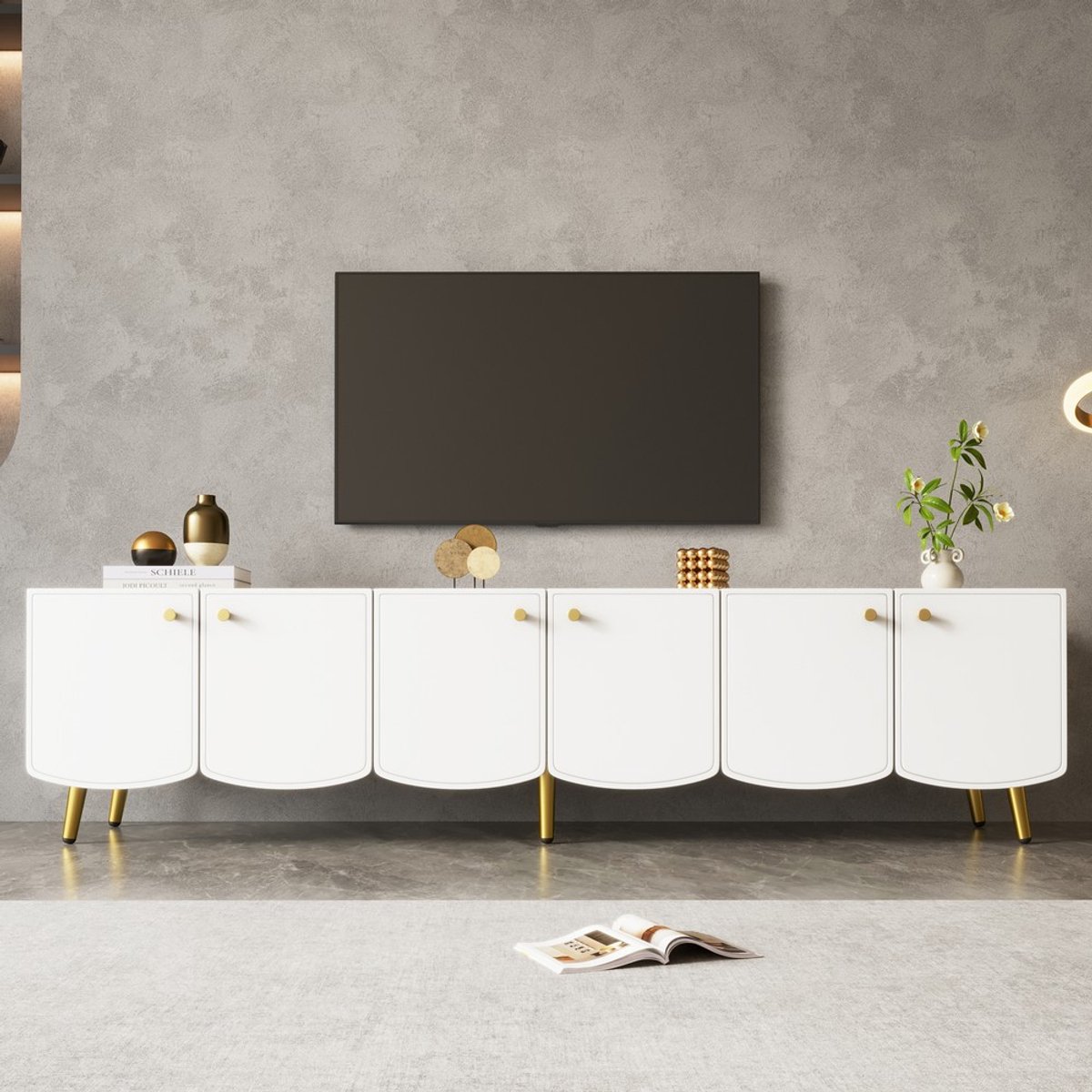 KOMHTOM TV Meubel - 180 cm Lowboard - Wit Dressoir - 6 Deuren - Gouden Handgrepen - Opbergkast Woonkamer - Moderne Kast - 180x40x45 cm