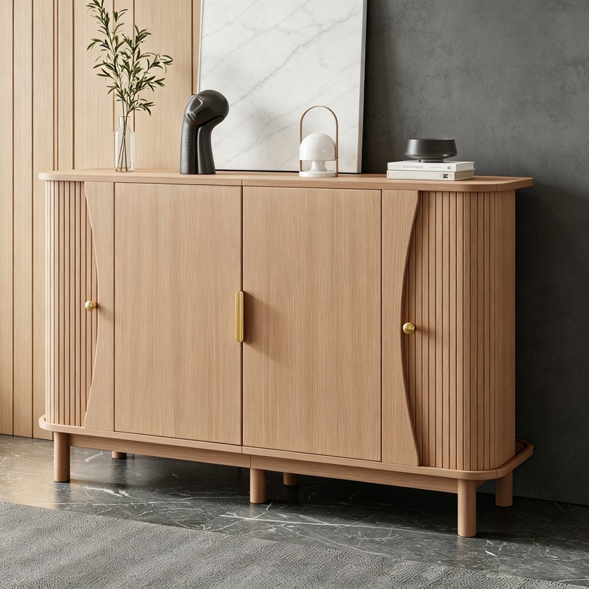 KOMHTOM Dressoir - 140x40x88 cm - MDF - 2 Schuifdeuren - Afgeronde Hoeken - Opbergkast Woonkamer Hal - Sideboard - Natuurlijk Hout - Modern Design - Belastbaar tot 60 kg