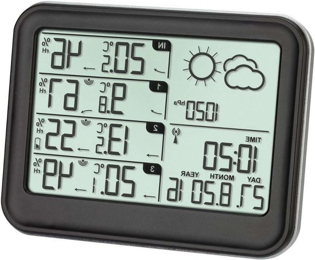 Weerstation met Klok - Weercomputer Buiten Temperatuur - Binnenklimaat Bewaken - Draadloze Buiten Sensoren - 3 Sensoren - Zwart