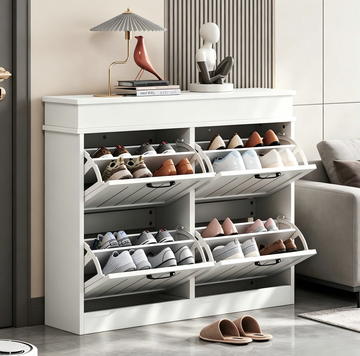 STILVORA Schoenenkast - Smal Opbergmeubel Met 4 Klepdeuren En 8 Vakken - Voor Hal En Woonkamer - MDF - 105x24x83 Cm - Wit