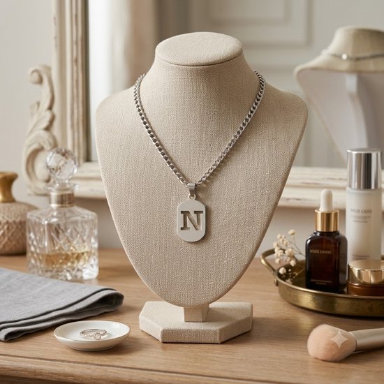Zilverkleurige schakelketting met een rechthoekige hanger met de letter N.