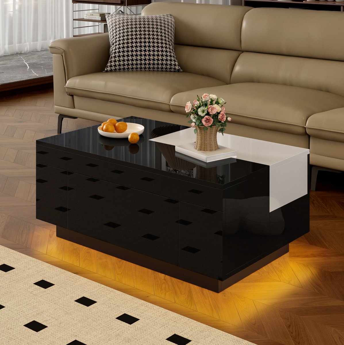 HAUSS SPOLE Salontafel - Hoogglans Met Ledverlichting En Uitschuifbaar Blad - Voor Moderne Woonkamer - MDF - 80x50x35,5 Cm - Zwart Wit