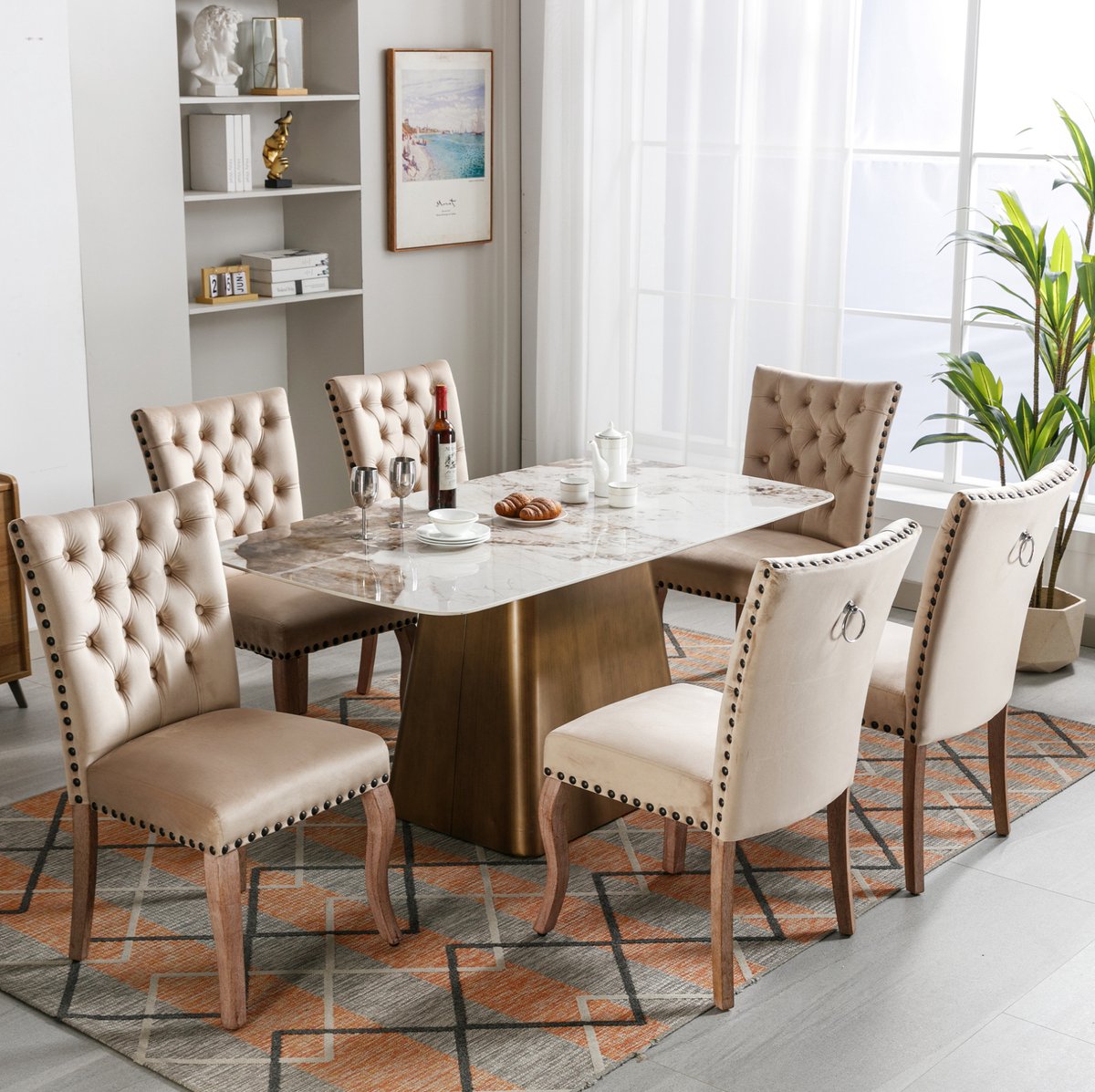 DESMIU Eetkamerstoel - Set Van 6 - Gecapitonneerd Met Kopspijkers En Ringgreep - Voor Eetkamer En Woonkamer - Velvet Licht Camel