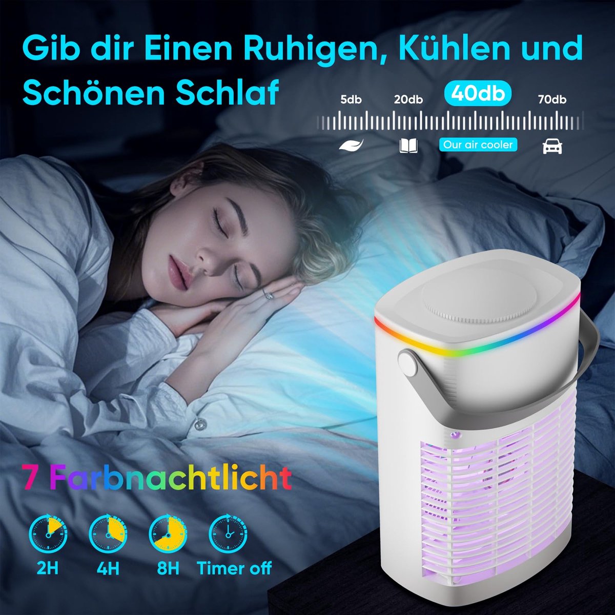 Mobiele airconditioning - mini-airconditioner voor de kamer - 4-in-1 luchtkoeler met waterkoeling - 1000 ml airconditioner zonder afvoerslang - draagbare airconditioner met 3 standen en kleurrijk licht voor de kamer – foto 6