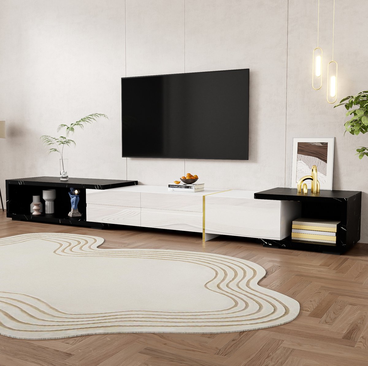 HAUSS SPOLE Tv-Meubel - Uitschuifbaar En Verstelbaar Met Draaifunctie - Voor Woonkamer - MDF En Spaanplaat - 140-260x40x30 Cm - Zwart Wit