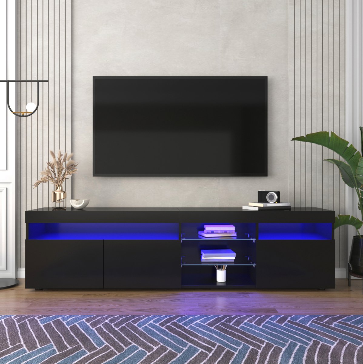 HAUSS SPOLE Dressoir - Tv Meubel Met Variabele Led Verlichting En Hoogglans Fronten - Voor Woonkamer En Eetkamer - MDF Glas - 180x35x48 Cm - Zwart