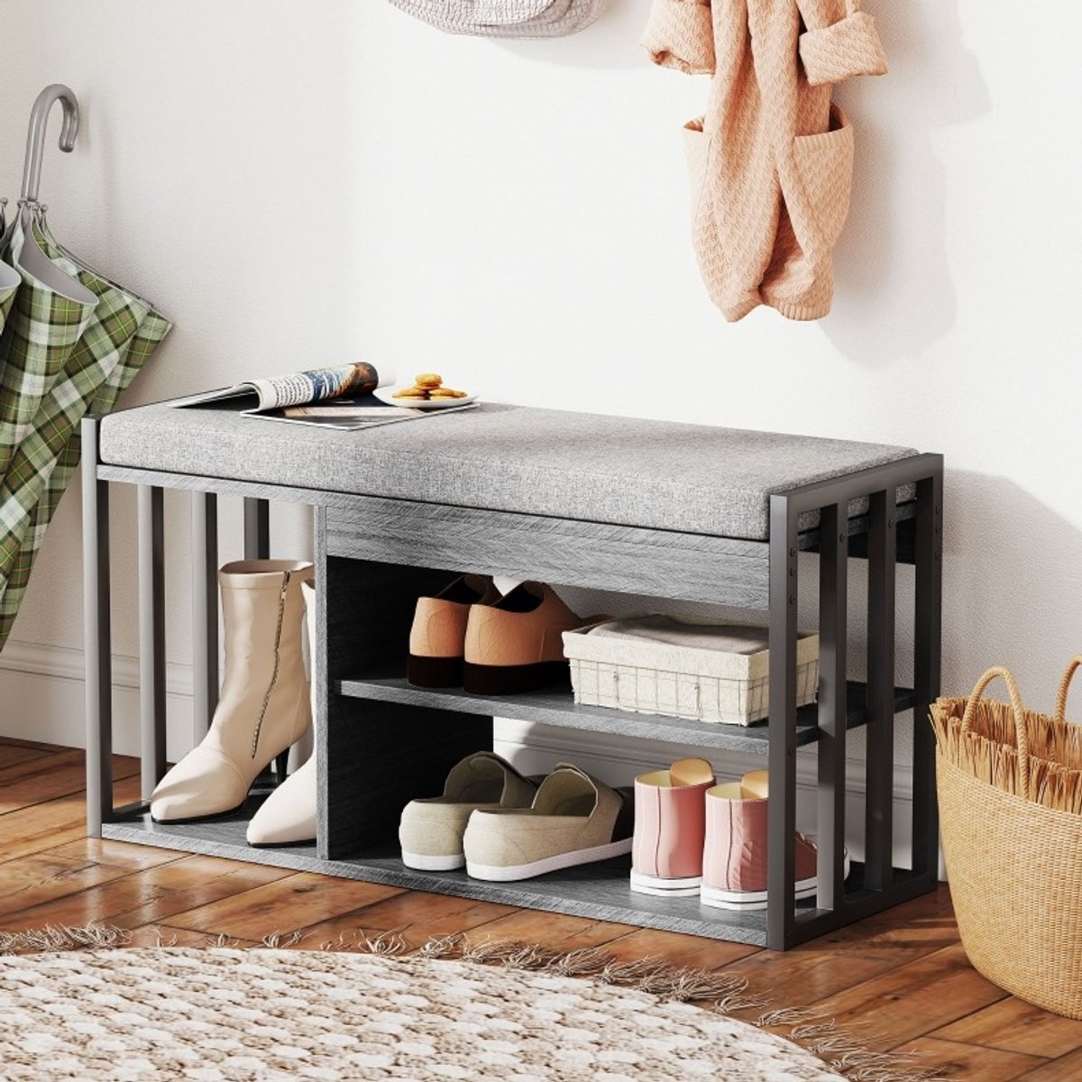 MEUNIQ schoenenkast met zitbank 86 x 30 x 45,5 cm, open 3-laags staand schoenenrek met 5 cm zitkussen, spaanplaat en metalen frame, hal slaapkamer, grijs
