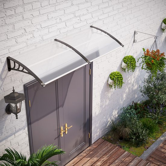 MEUNIQ deurluifel 195 x 75 x 23 cm met gebogen polycarbonaat afdak en aluminium frame, transparante luifel voor voordeur, raam en gevel buiten