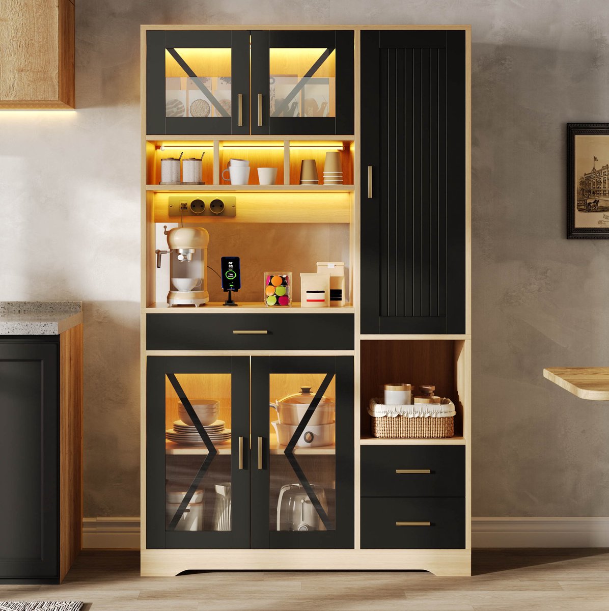 MIVRAY Keukenkast - Buffetkast Met LED, Lade En Verstelbare Planken - Voor Keuken En Eethoek - MDF - 185x105x40 Cm - Zwart Naturel