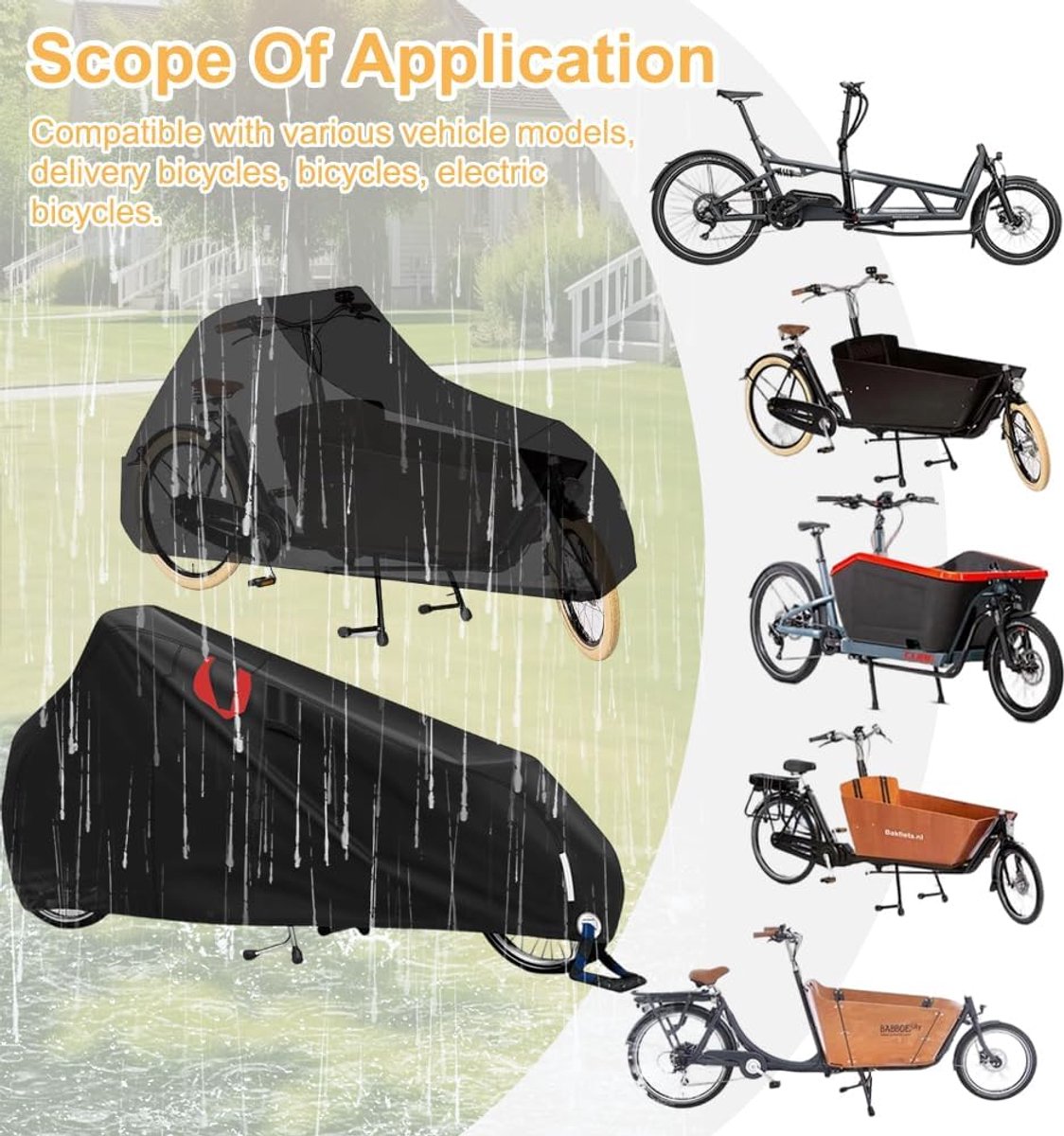 Fietshoes, waterdicht, voor bakfietsen, bakfiets, afdekking, driewieler met reflecterende strepen, uv-bescherming, scheurvast, 420D Oxford, voor twee wielen (270 x 75 x 100 cm)