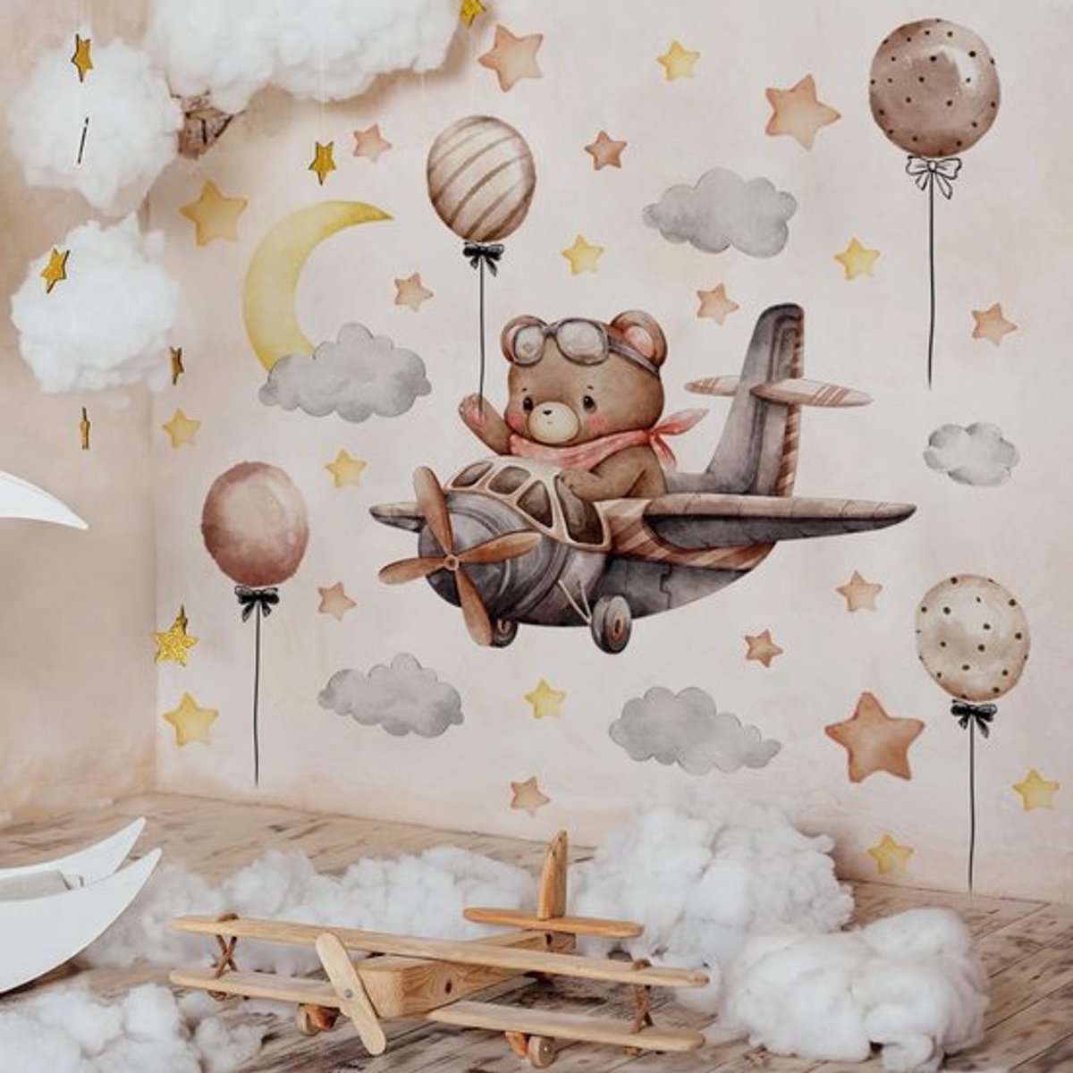 Store_7 - Baby Beer Vliegtuig Muursticker - Zoete Droom - 91,44 x
