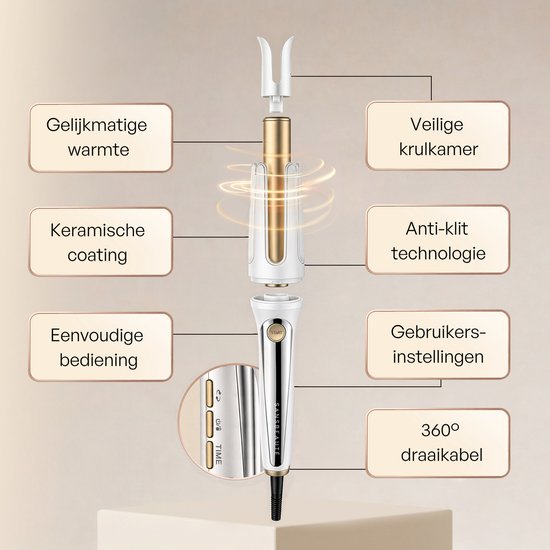 Wit met gouden automatische krultang met keramische coating. Illustratie van functies.