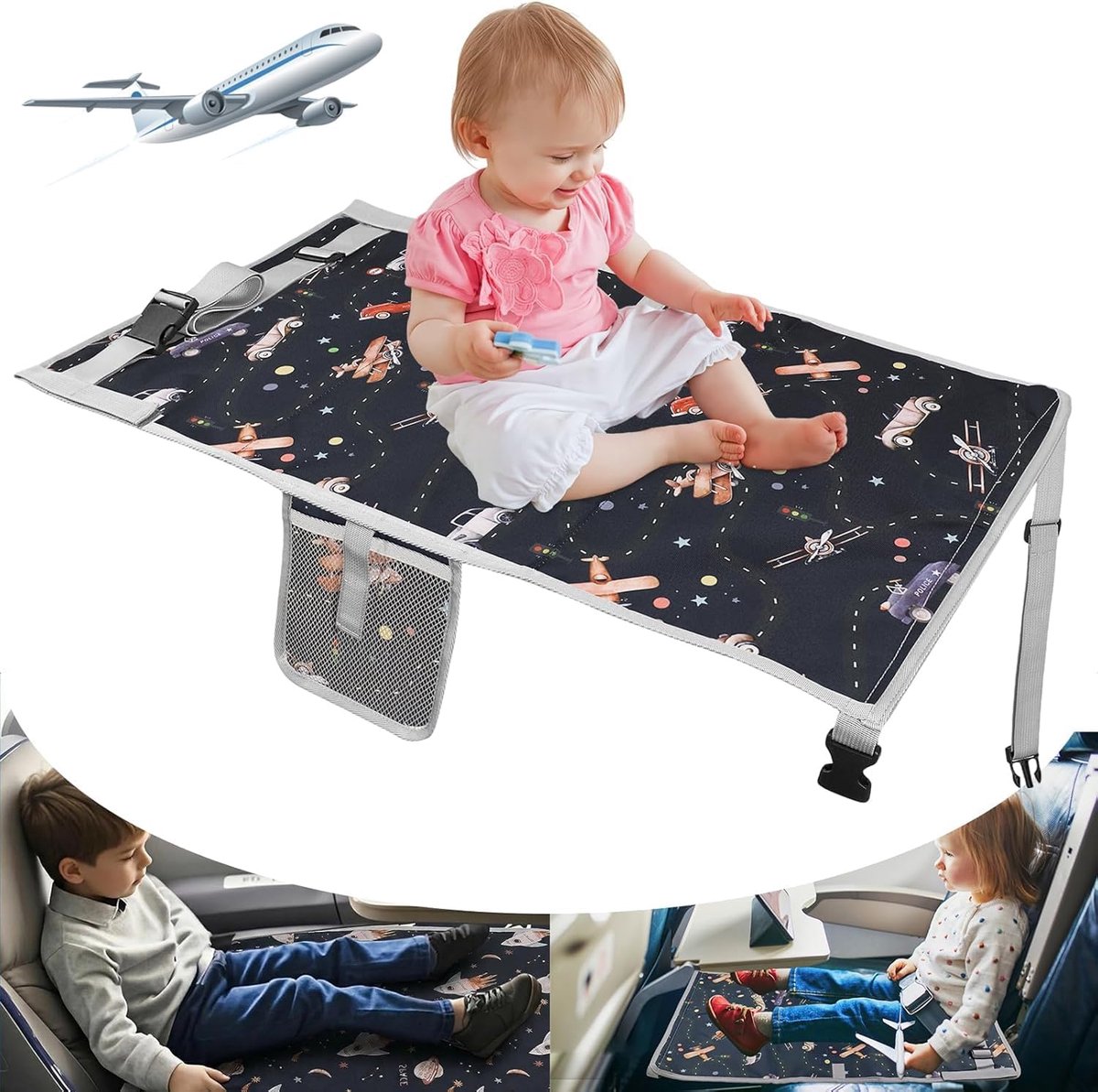 Voetsteun voor Vliegtuig, 76x44,5 cm Vliegtuigstoelverlenger voor Kinderen, Voetsteun Vliegtuig, Opvouwbaar Verstelbaar Kinderbed Vliegtuigs, Kinderbed Vliegtuigs voor Vliegreizen Auto