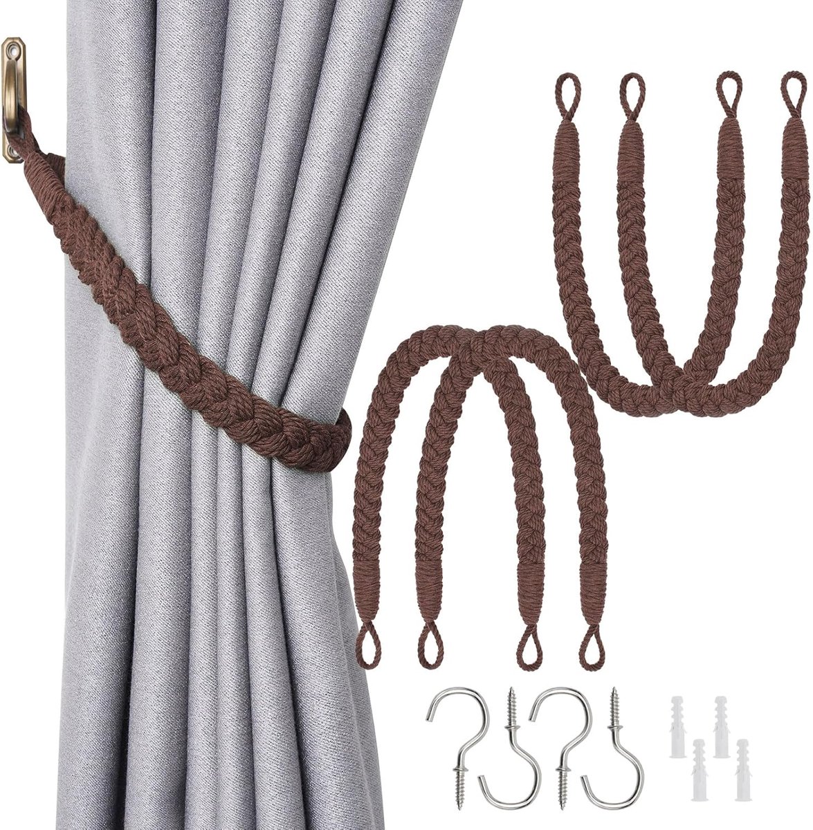Jolly Set van 4 natuurlijke katoenen touwgordijnbinders, elegante boho-stijl, decoratieve draperieën, zachte handgeweven touwgordijnhouders met metalen haak voor thuis en op kantoor, gordijnen