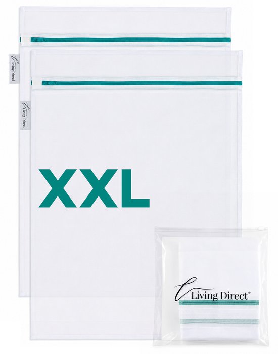Trois grands sacs à linge blancs avec fermeture éclair turquoise et un emballage de petits sacs à linge.