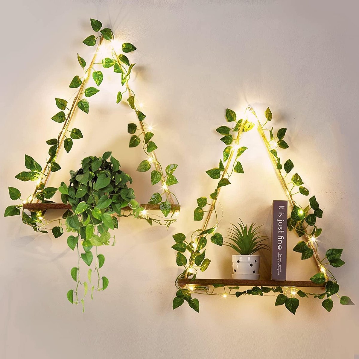 Set van 2 macramé wandplanken, kunstklimop, ledstrip, wandbehang, boho-decoratie, hangplanken, zwevende planken, plantenrekken, wandbehang, muurplank, slaapkamer, badkamer, woonkamer