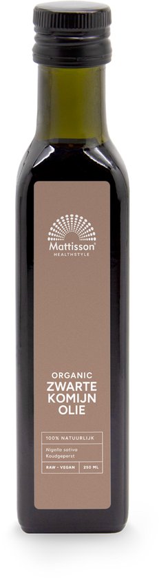 Donkergroene fles Mattisson Biologische Zwarte Komijn Olie, 250 ml.