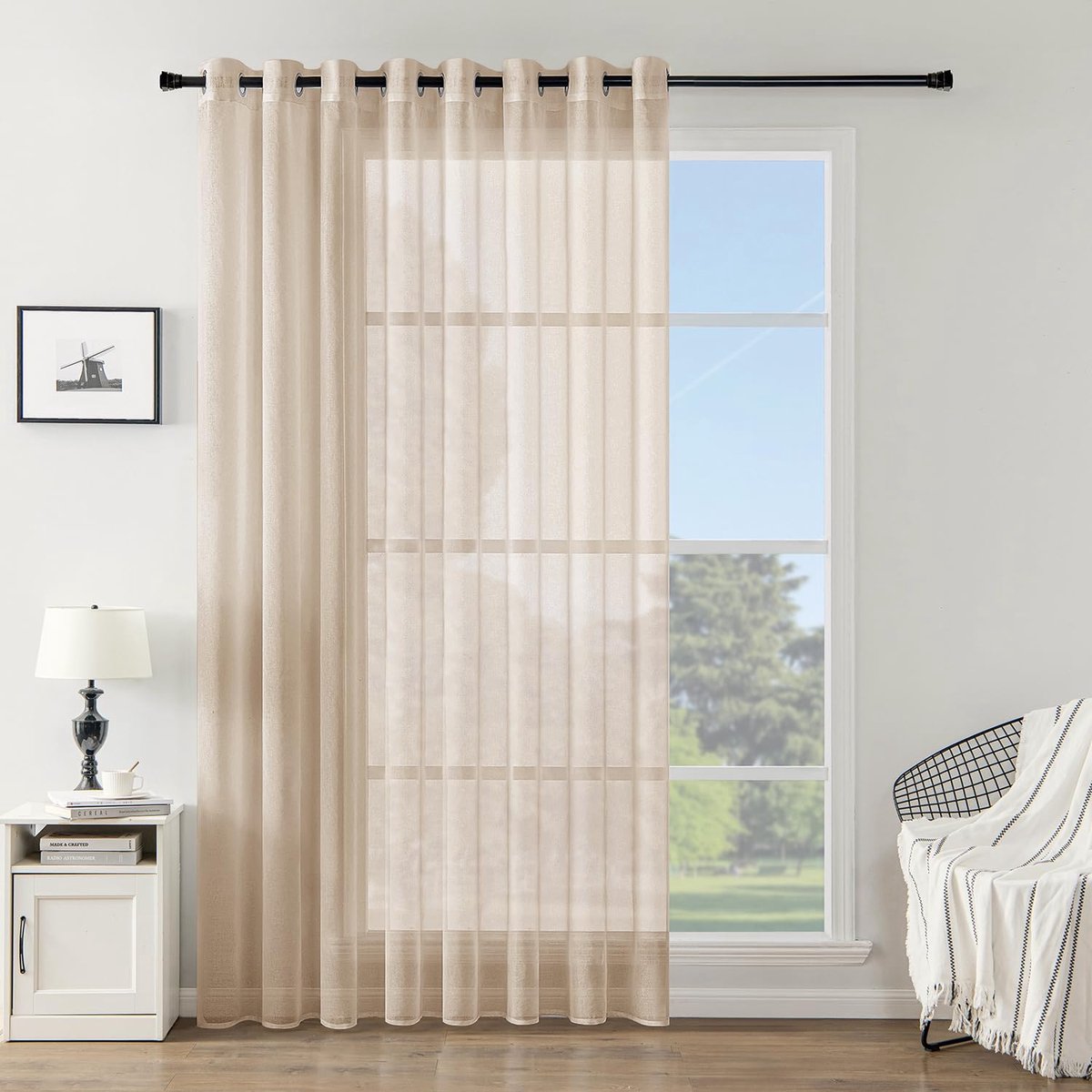 Set van 1 transparant gordijn met ringen, semi-transparante binnengordijnen voor slaapkamer, woonkamer, huis, 300x245 cm, beige
