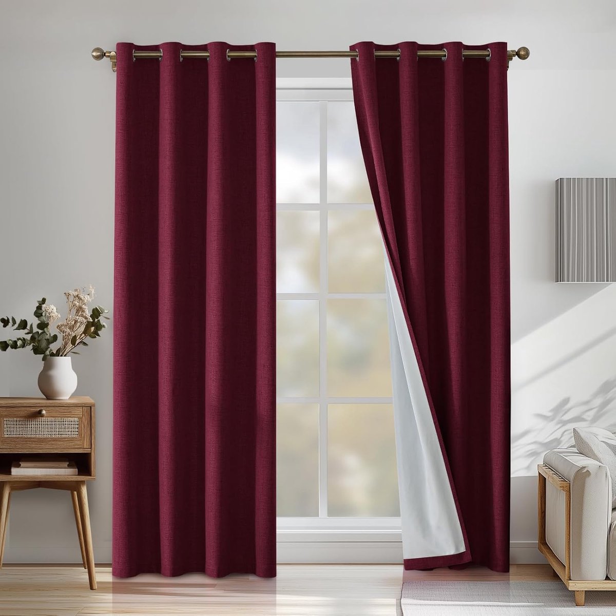 100% Verduisterend Linnen Effect Gordijnen Set Van 2, 140x260cm, Ondoorzichtig Warmte-Isolerende Thermische Gordijnen Met Ringen, Geluidsbescherming, Voor Slaapkamer Woonkamer, Wijnrood