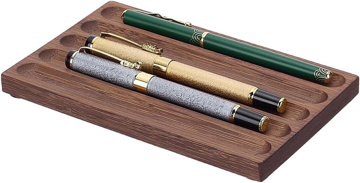 Houten pennenbak, 5 rasters houten bureau pen organizer houder minimalistische golf potloodsteun voor kantoor briefpapier bureau decor retro huis slaapkamer decoratie, 18 x 10,9 x 1,4 cm