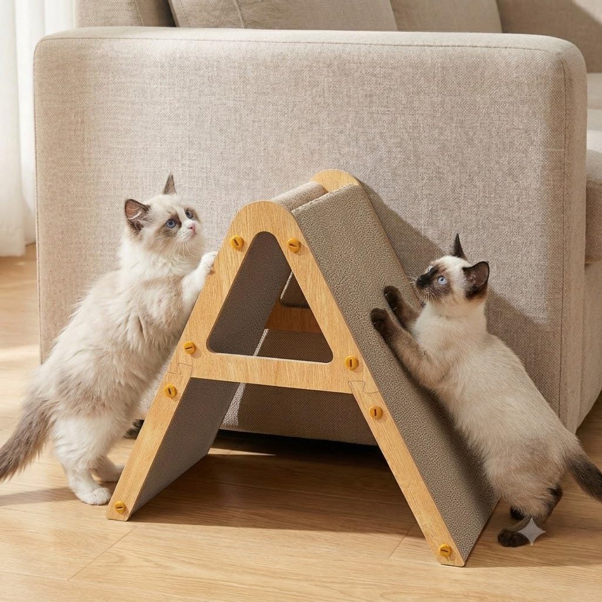 Krabplank voor Katten, Gerecycled Karton & Houten Frame, Dubbele Zijde Verticale/Horizontale Krabmat voor Binnenkatten, Lounge Krabmeubel met Meubelbescherming, Lichte Houtkleur
