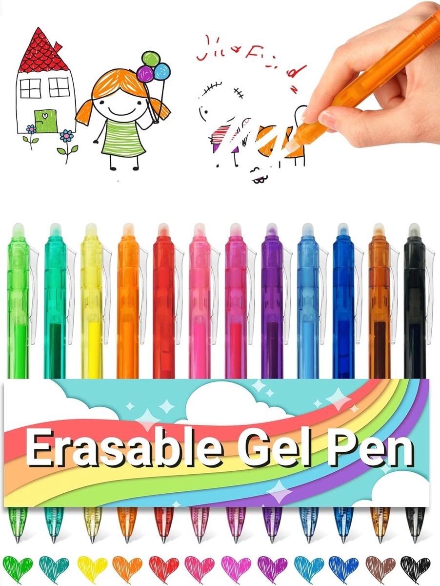 Balpennen, 12 kleuren, uitwisbare rollerset met gum, lijndikte 0,5 mm, ideaal voor kantoor en school, uitwisbare gelpen, gumstift