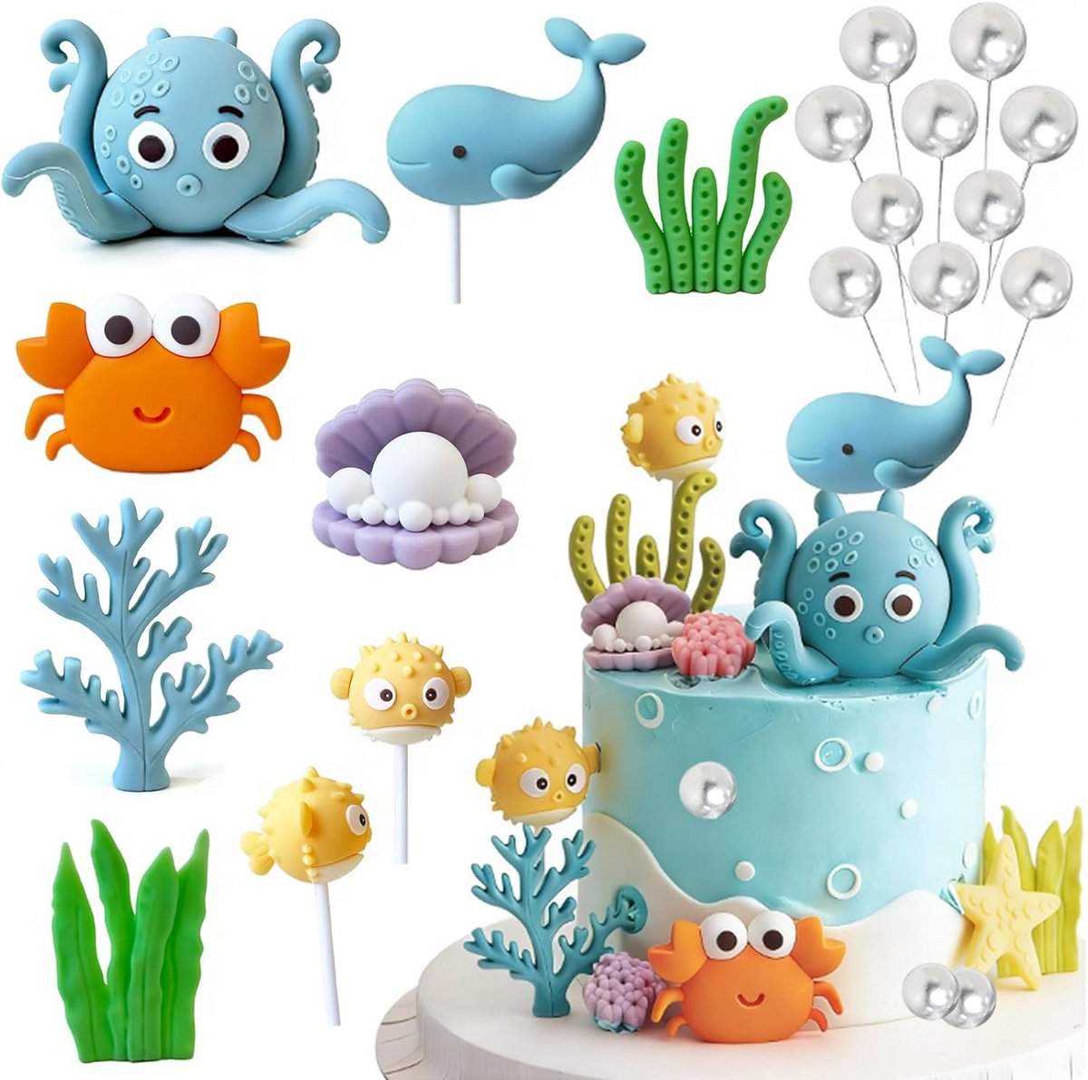 19 stuks zeecreatie taartdecoratie oceaan thema babyshower onderwaterthema taartdecoraties voor verjaardagsfeest