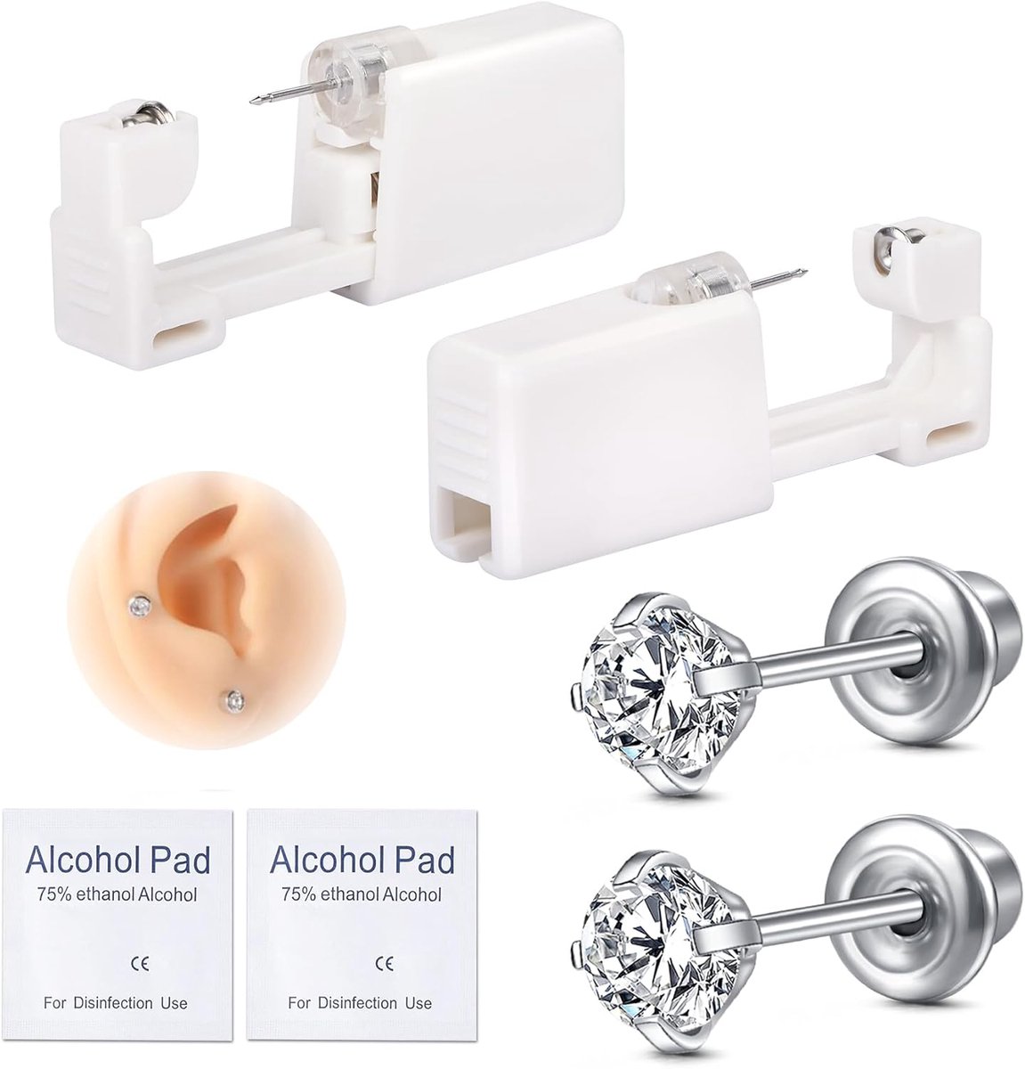 Oorpiercingset, Oorgaatjesset, wegwerp, steriel, 316L chirurgische staal, oorstekers met gekleurde zirkonia, gemengde vormen, zelf steken, oorbellen met 4 mm of 5 mm zirkonia