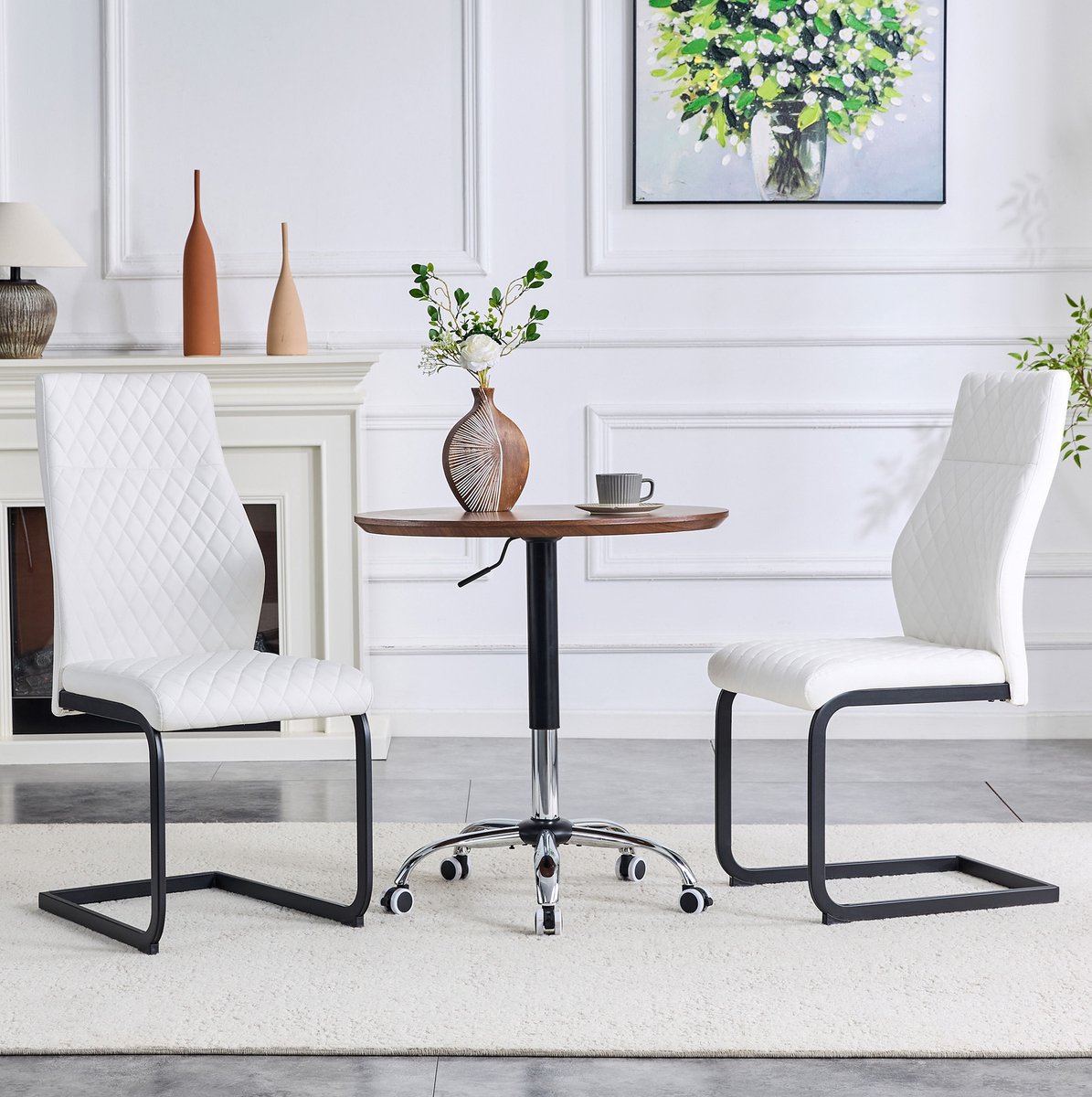 DESMIU Eetkamerstoel 2er-Set - Witte Ruitpatroon Hoge Rugleuning - Voor Eetkamer En Woonkamer - Kunstleer - Wit Zwart