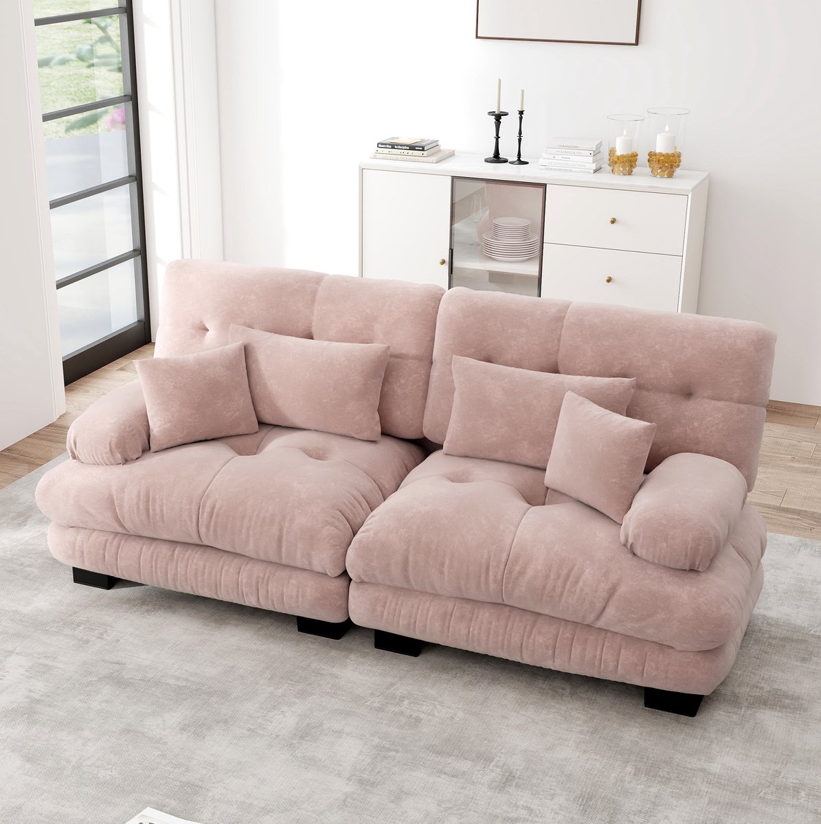 FloraGrace Hoekbank – 2-Zits Cloud Sofa Met Modulaire Opstelling – Met Lendenkussens & Sierkussens – Voor Woonkamer – Chenille – Pink