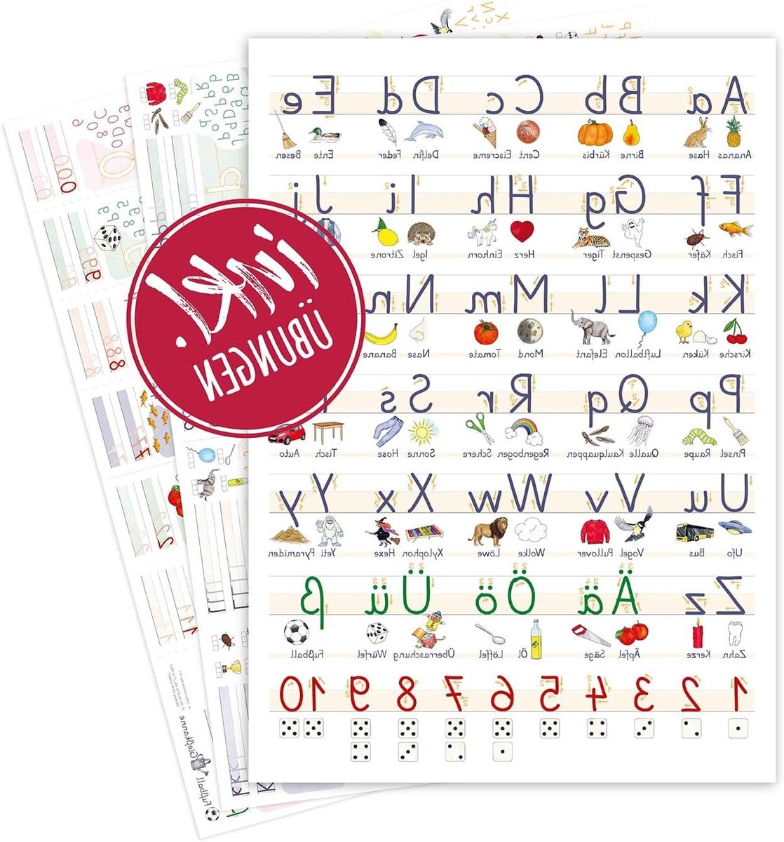 ABC Poster Kinderen - Leerposter Alfabet - Leren Lezen Schrijven - Met Oefenbladen - DIN A2 - Gekleurd