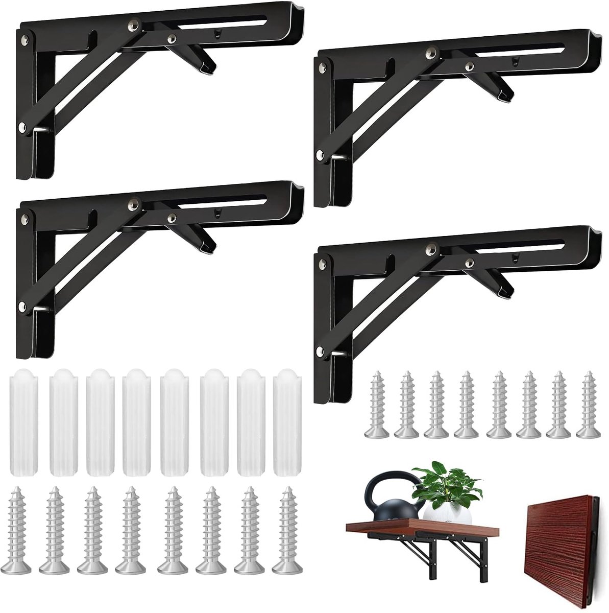 4 Stuks Klapconsole 200 mm, Klapplankhouders Heavy Duty, Plankbeugel Plankdrager Plank Beugels Draagvermogen 40 kg voor Thuis Keuken Kantoor Tafel(Zwart)