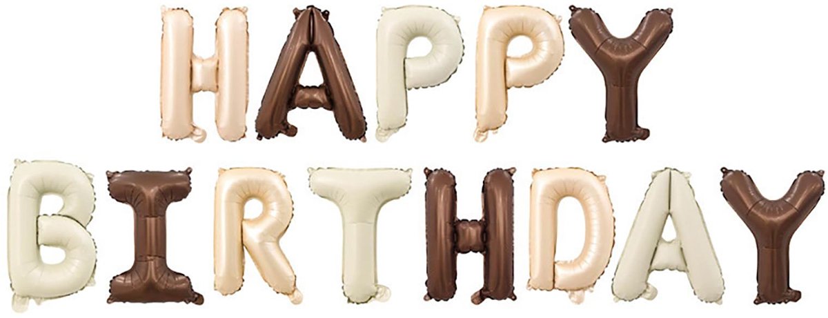 Happy Birthday-slinger, verjaardagsballonnen, drie kleuren, verjaardagsdecoratie, banner, Happy Birthday-ballon, folieballon, ballonnen wit, bruin, karamelkleur, heliumballonnen, verjaardag